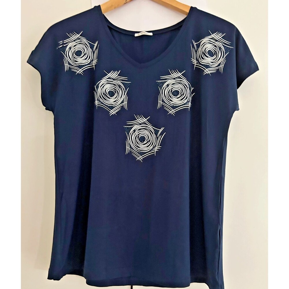 Womehs M /L Navy Blue Floral Print Viscose Elegant T-Shirt Short Sleeve Casual